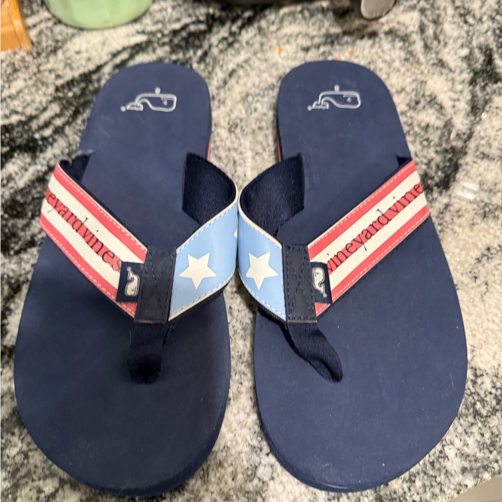 Vineyard Vines Navy and Red Flip Flops with Stars